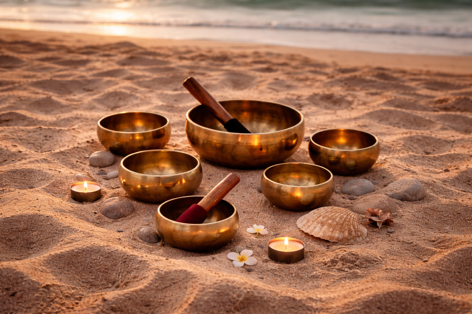 Klangschalen im Sand